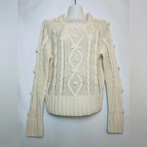 Eesome Cream Ivory Pompom Cable Knit Crop Sweater Women Size M Stretch